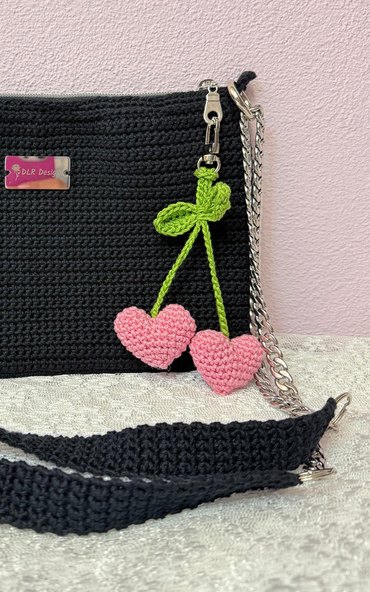 Two hearts with a Leaf Crochet Keychain